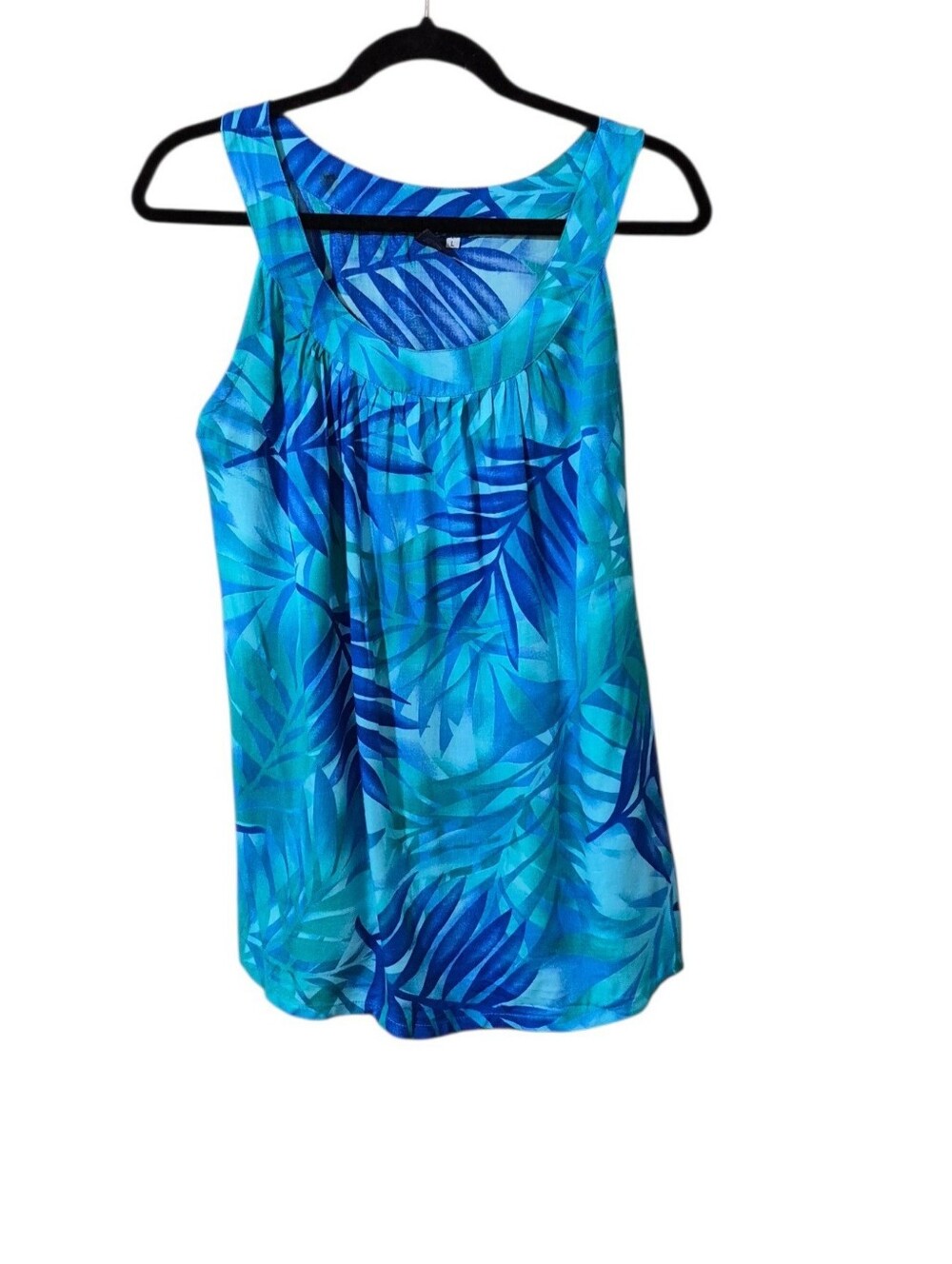 Hibiscus Collection Hawaii Tropical Palm Leaf Gathered Scoop Neckline Top L EUC